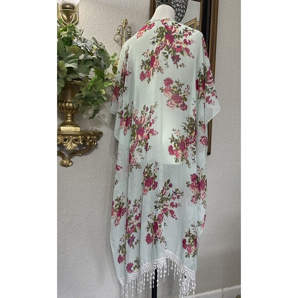 Boho Fringe Cardigan Floral Women’s Open Kimono Sheer Coverup Colorful One Size - Picture 2 of 12